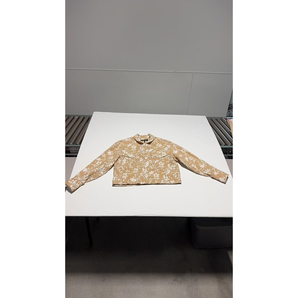 Rag & Bone XS Tan White Floral Cropped Blouse Long Sleeve Mandarin Collar